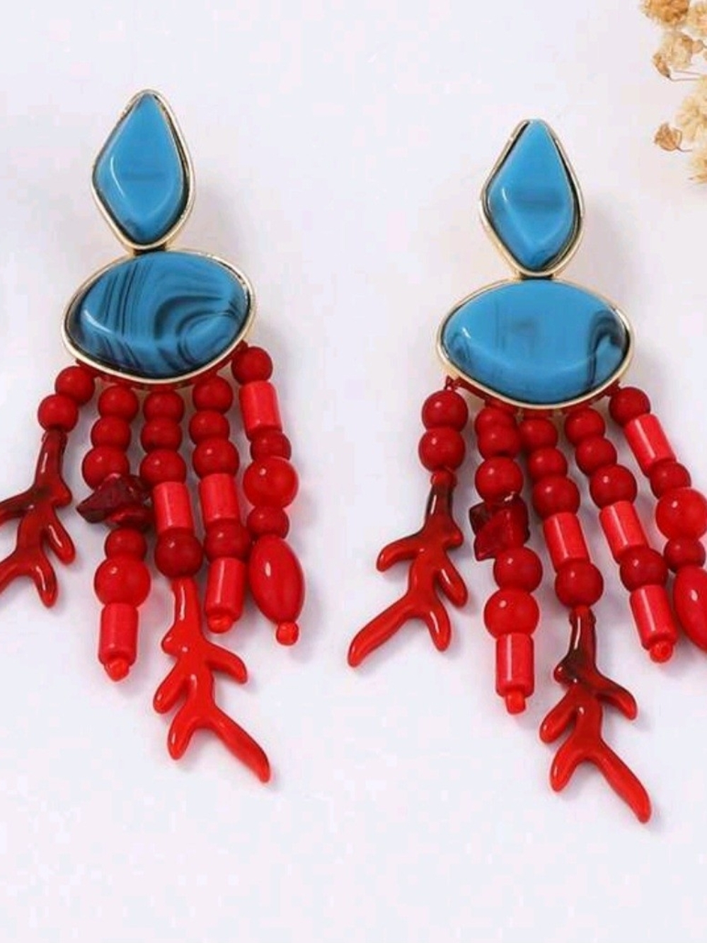 Turquoise Stone & Red Bead Drop Earrings - Women Jewelry